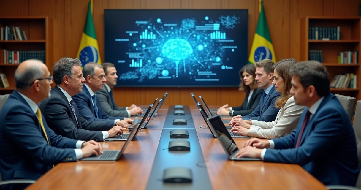 Reunião de vereadores com computadores, IA em uso na câmara municipal 