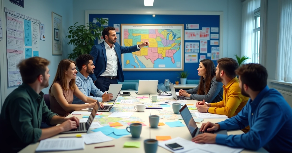 Equipe reunida analisando mapa eleitoral e agenda de campanha 