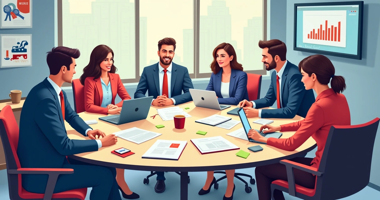 Sala com pessoas em círculo discutindo campanha eleitoral com papéis e computador 