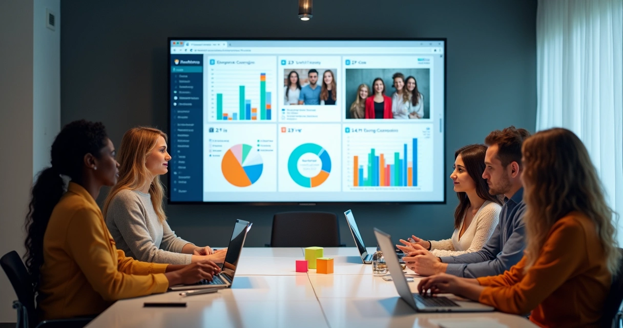Equipe de marketing analisa resultados de campanha de influenciadores em uma sala, com gráficos na tela 