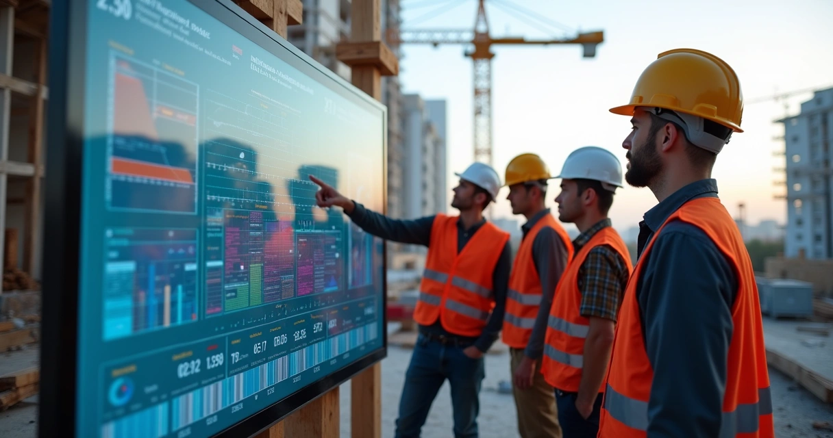 Equipe em reunião no canteiro de obras analisando painel de progresso