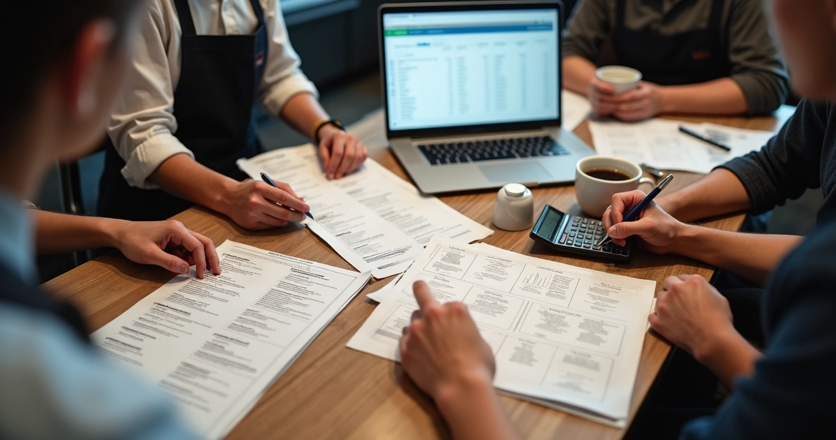 Equipe de restaurante revisando o cardápio em reunião 