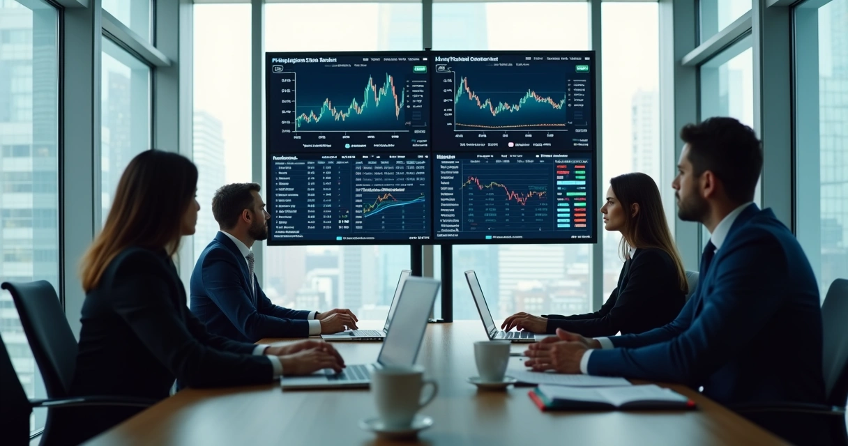 Executivos observando painéis com gráficos econômicos em reunião 