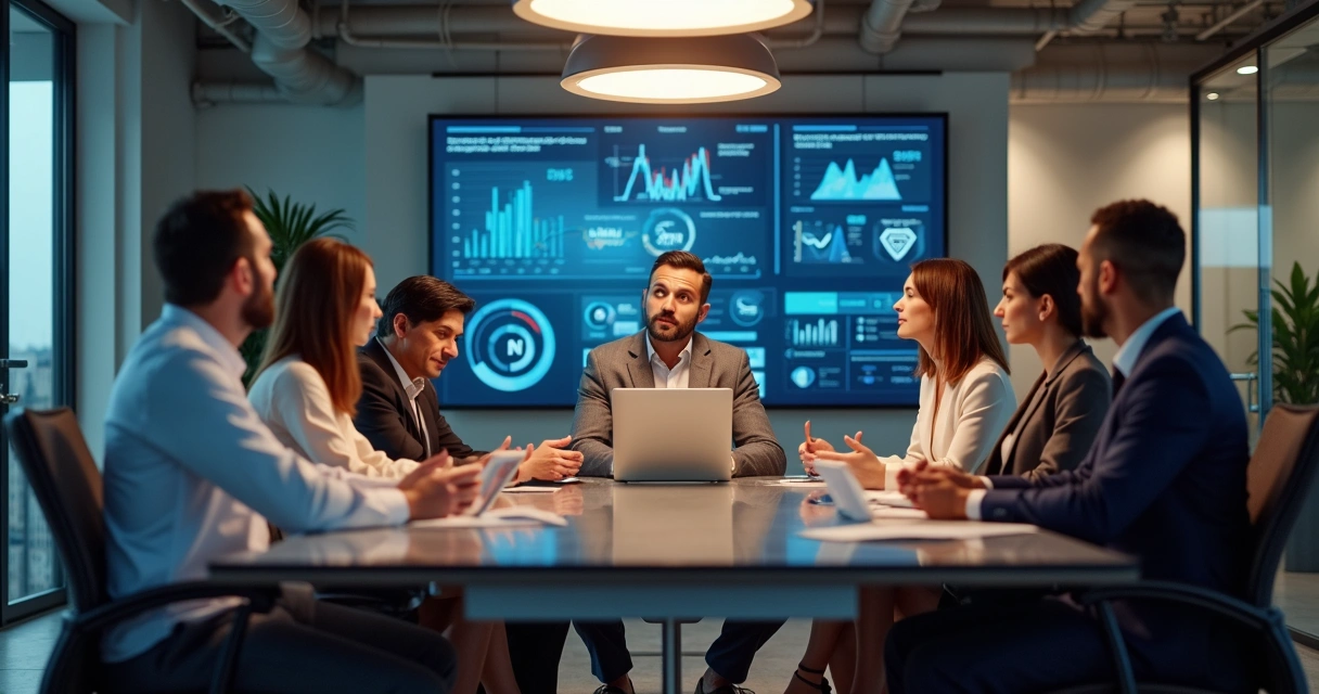 CEO em reunião com equipe diversa em escritório moderno