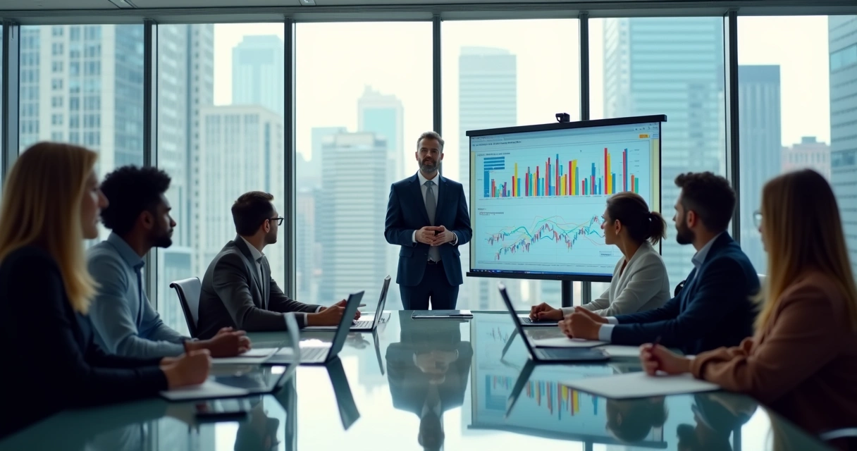 Reunião de CEO com equipe analisando métricas 