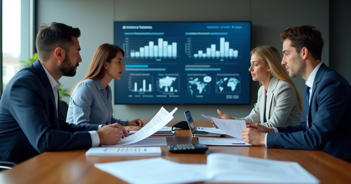 Executivos revisando projeções tributárias em sala de reunião