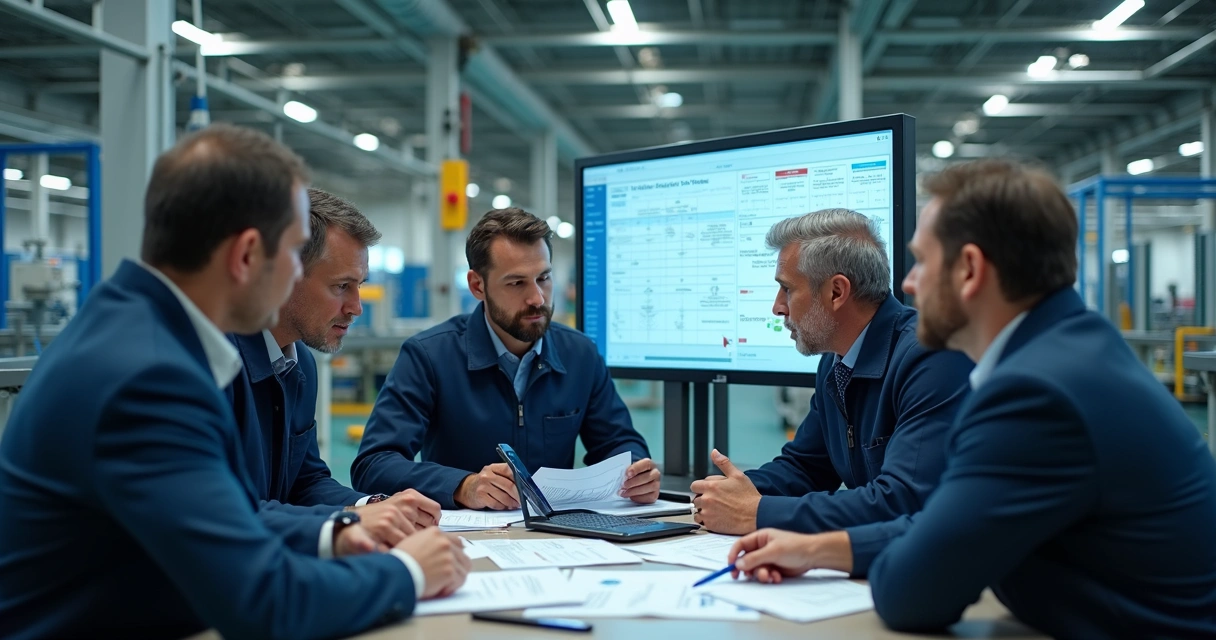 Equipe técnica reunida no chão de fábrica analisando processo digital 