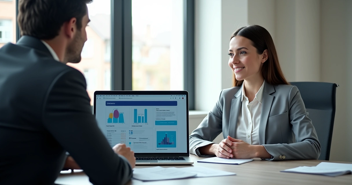 Corretor recebe informações do chatbot multifunção durante reunião com cliente 