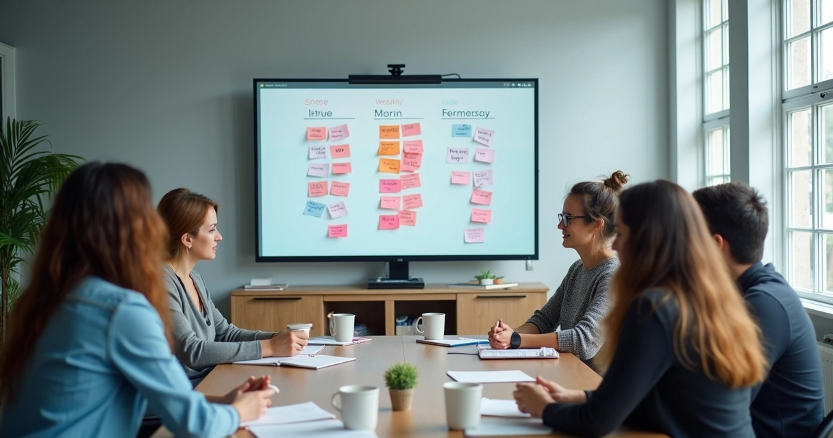 Equipe em reunião com check-in visual no quadro 