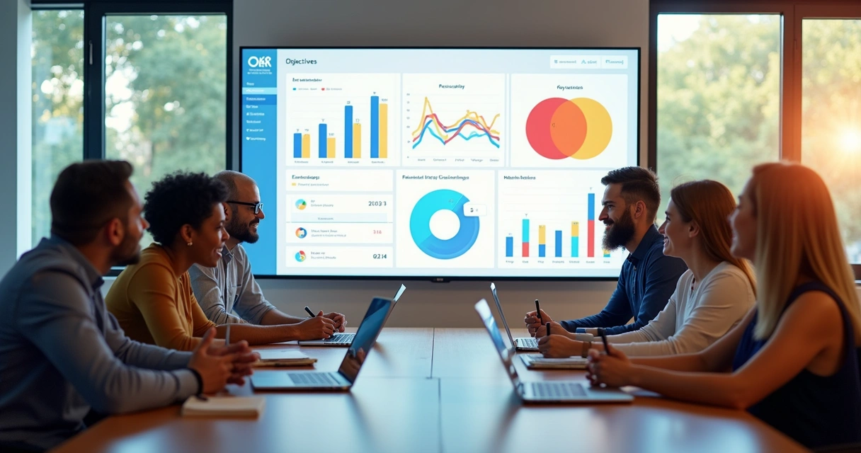 Equipe reunida em uma sala fazendo check-in de OKRs em frente a um dashboard digital 