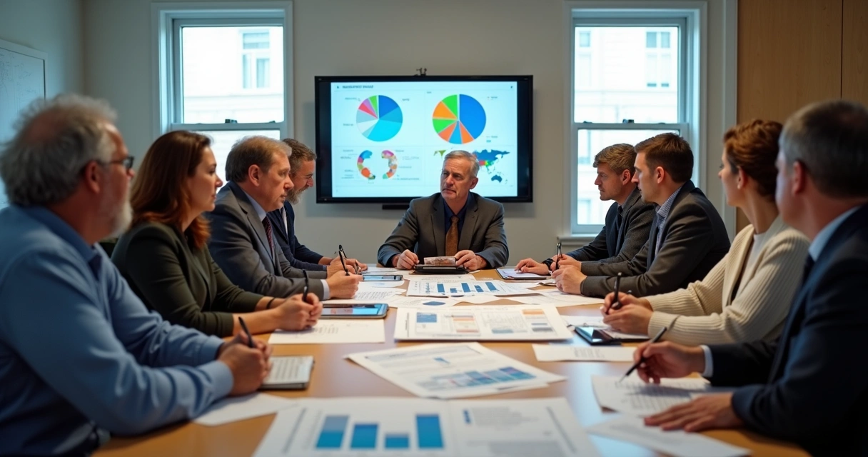 Cidadãos em reunião analisando gráficos fiscais em uma sala de reuniões