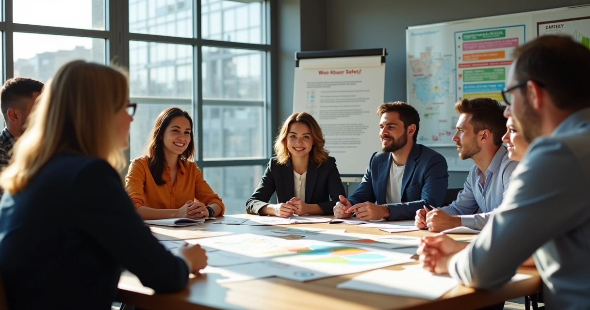 Reunião da CIPA em ambiente corporativo, membros analisando planos de segurança 