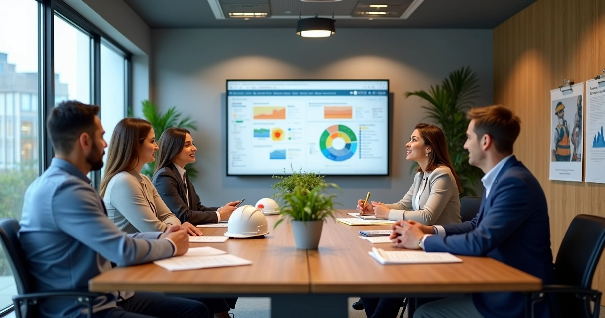 Reunião da CIPA com representantes dos empregados e empregadores em ambiente corporativo moderno 