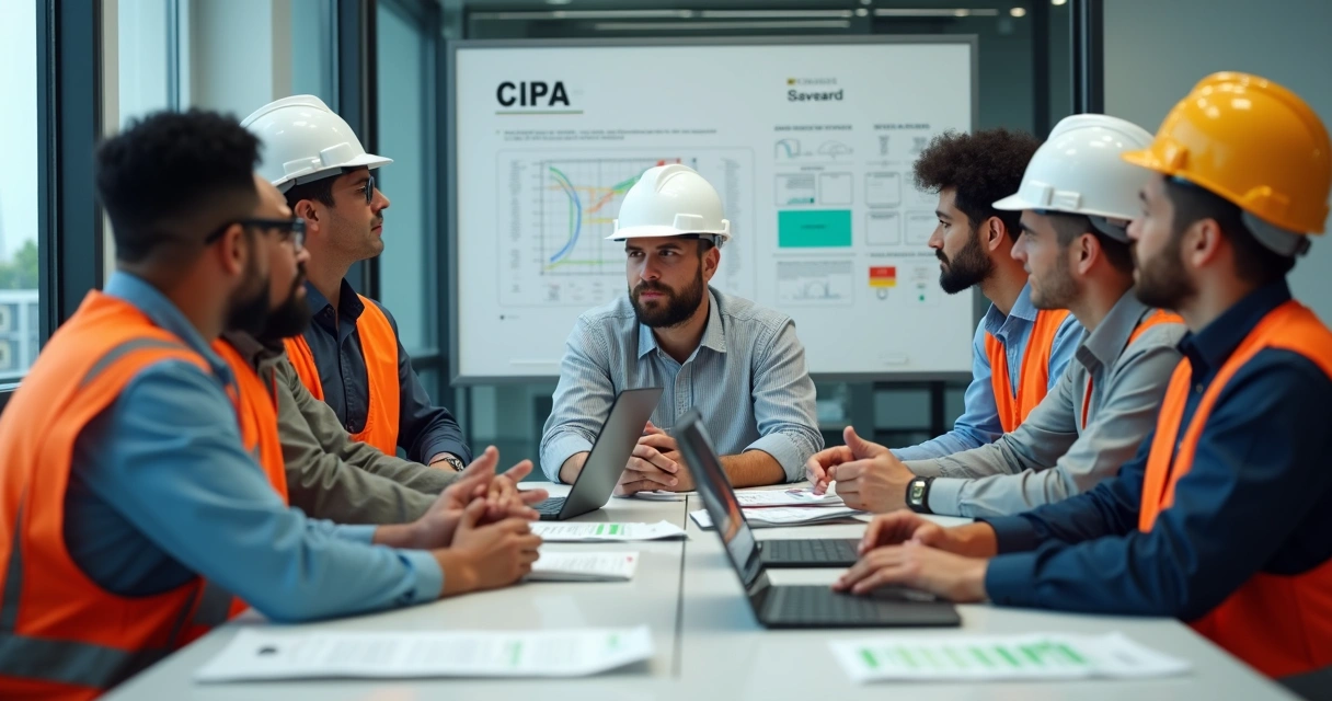 Reunião de membros da CIPA em sala corporativa para discutir segurança no trabalho 