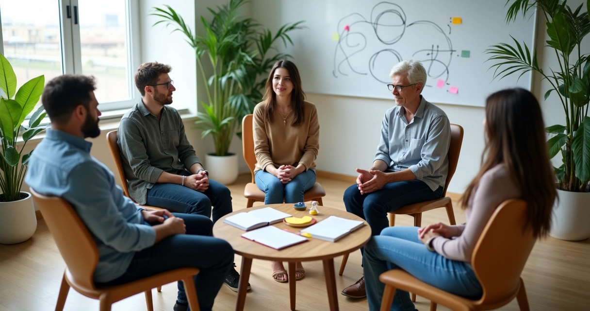 Grupo diverso em reunião em círculo em ambiente de trabalho contemporâneo 