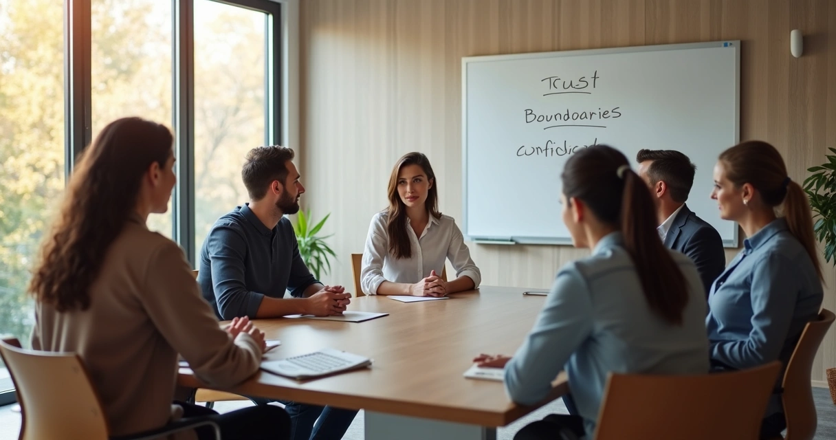 Grupo em círculo em sala de reunião com cadernos e escuta atenta 