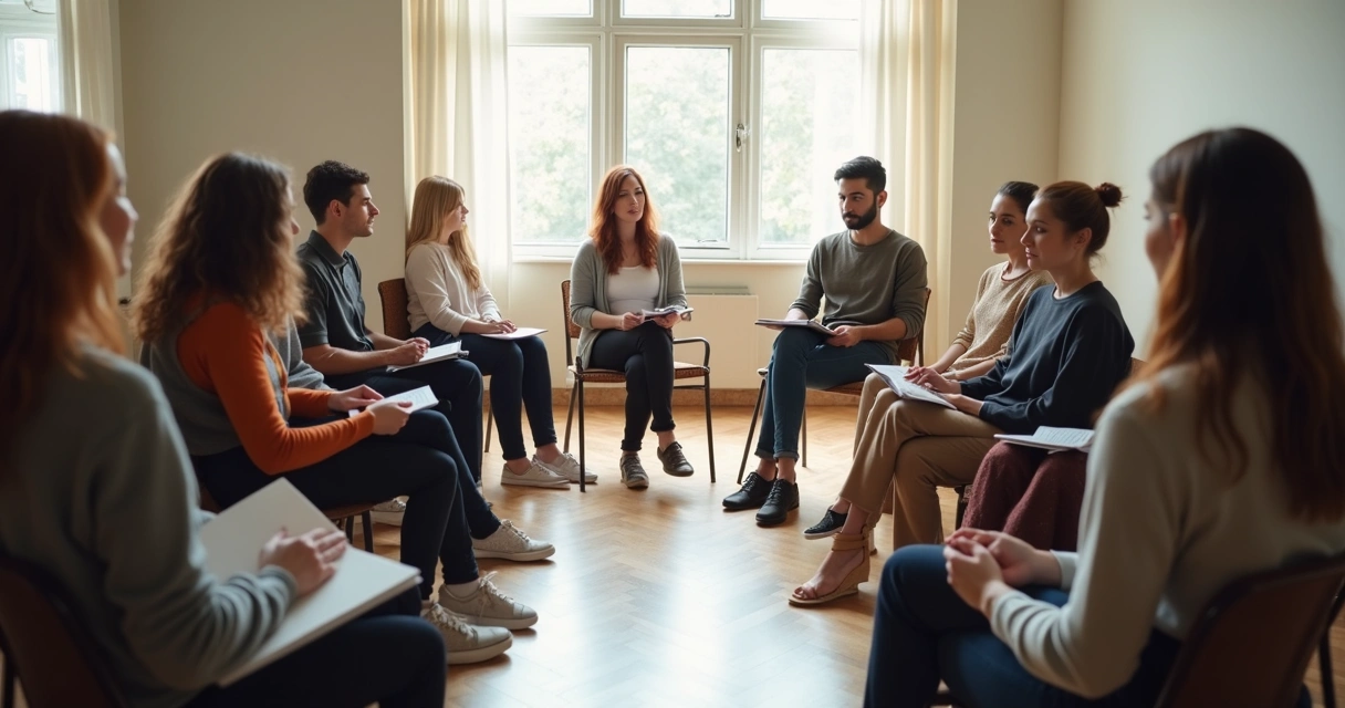 Grupo sentado em círculo com pessoas diversas olhando umas para as outras 