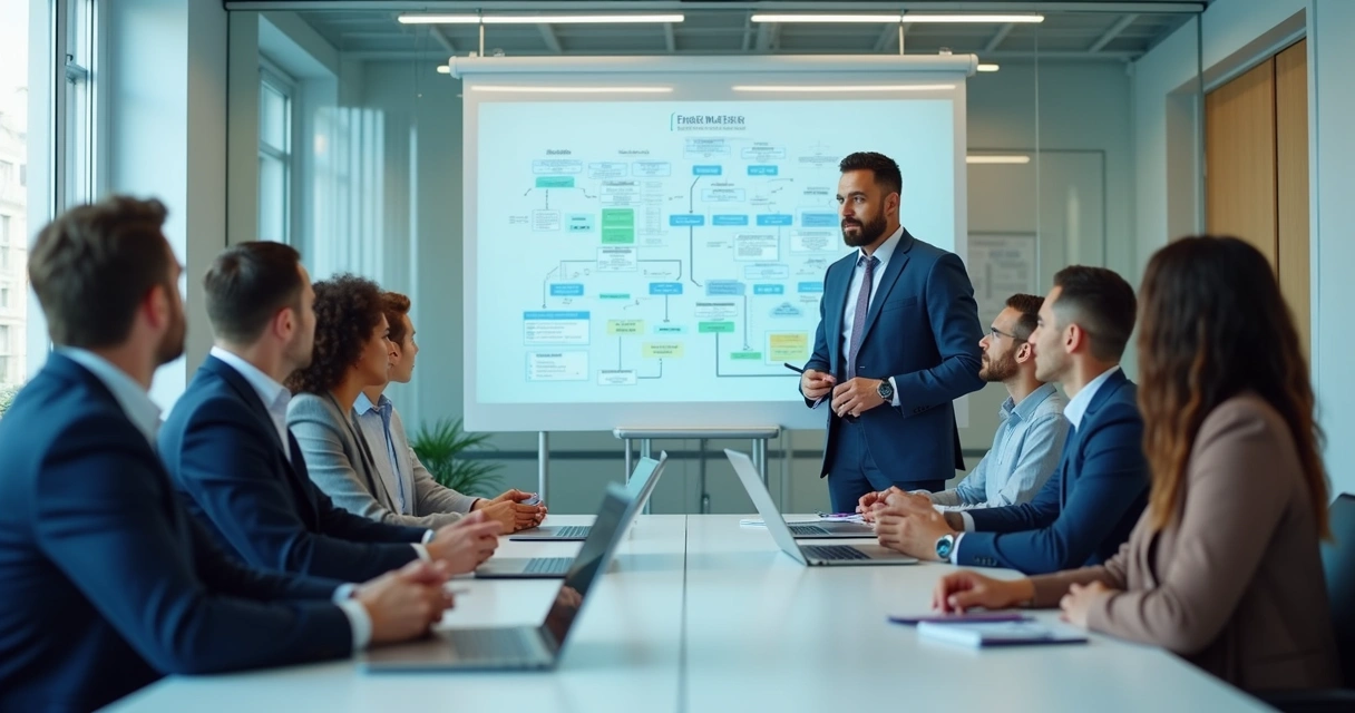 Equipe em reunião com líder apresentando mudanças em quadro 