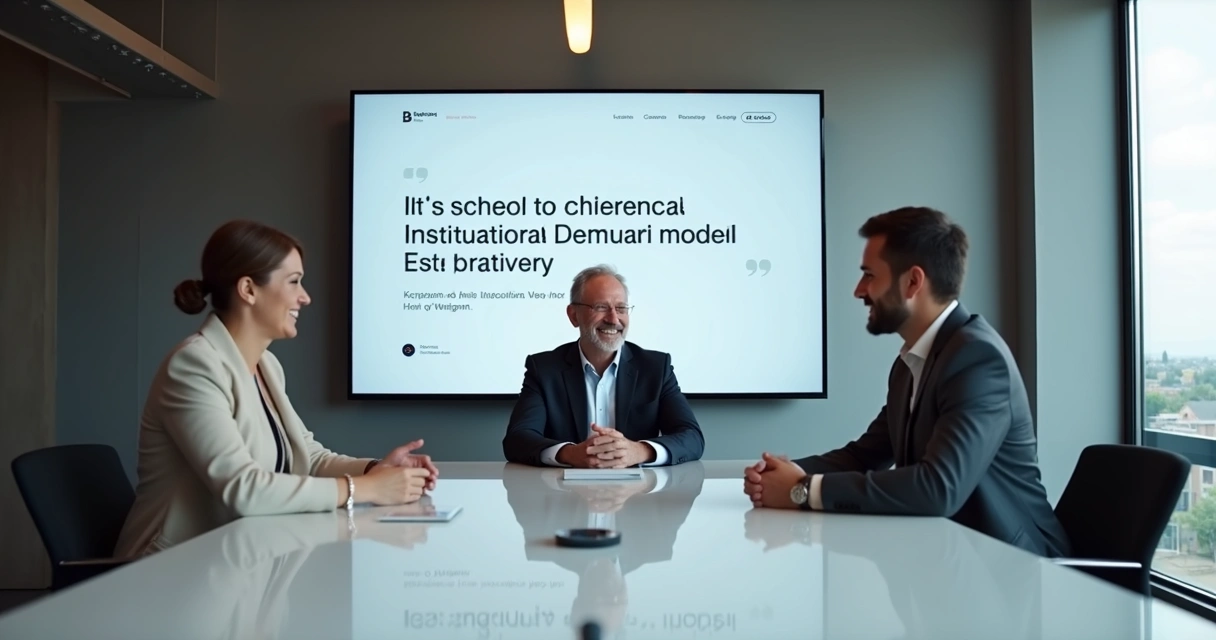 Reunião entre cliente e agência digital em ambiente moderno com tela exibindo site 