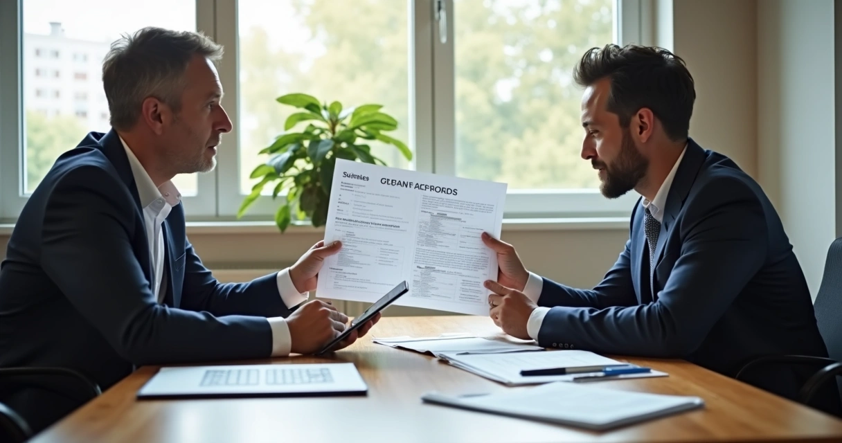 Consultor financeiro mostra proposta para cliente em reunião 