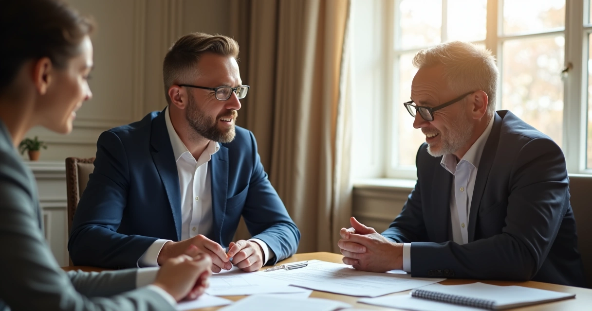 Consultor e cliente conversando em mesa de escritório com documentos. 