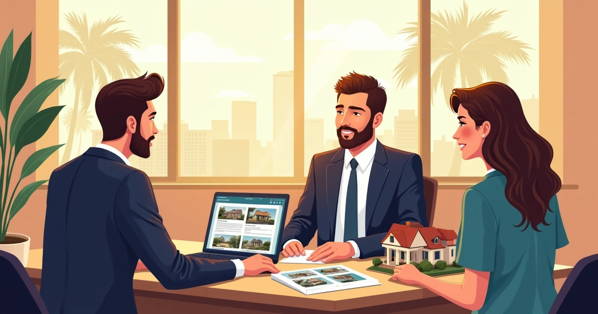 Realtor meeting with Brazilian couple in a well-lit room in Orlando 