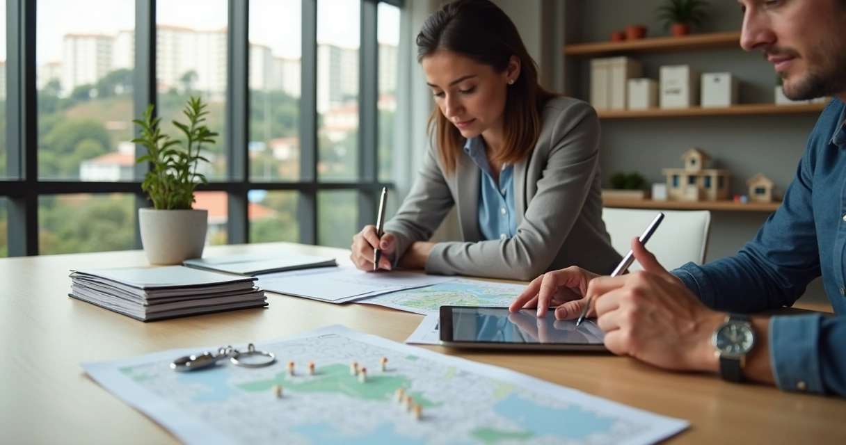 Cliente analisando contratos imobiliários com corretora em escritório moderno 