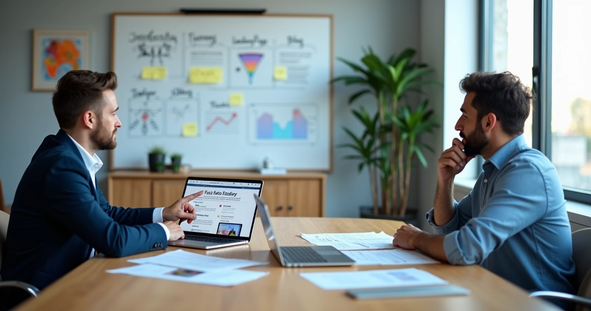 Profissional de marketing apresentando proposta digital a cliente indeciso em reunião 