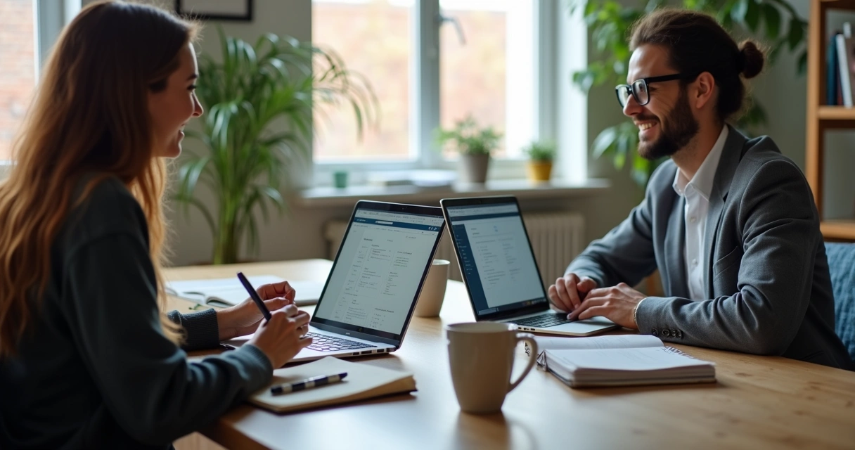 Duas pessoas em reunião virtual, com cadernos e laptops