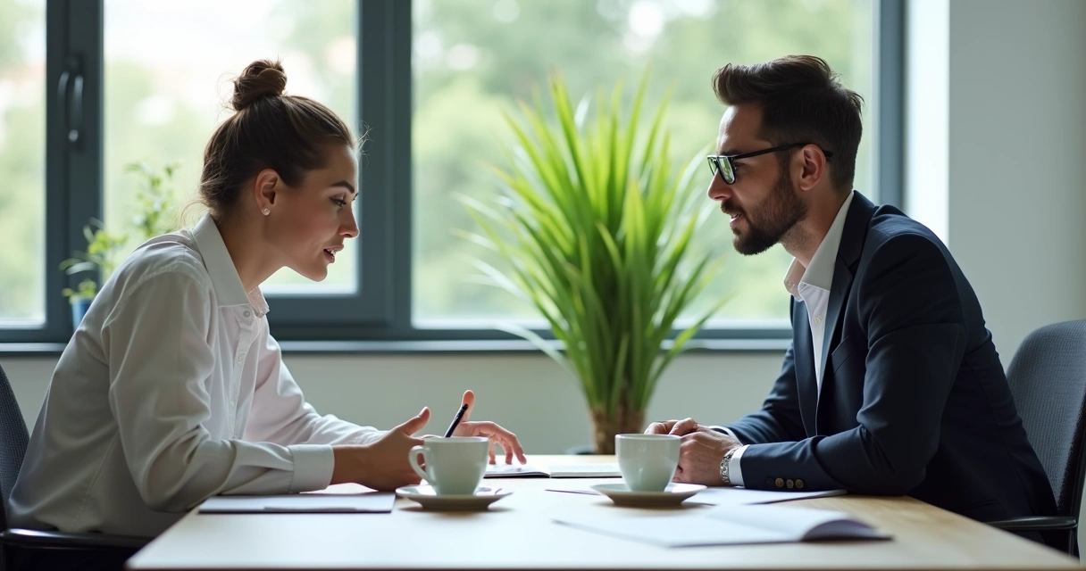 Representante de vendas e cliente conversando em reunião presencial 