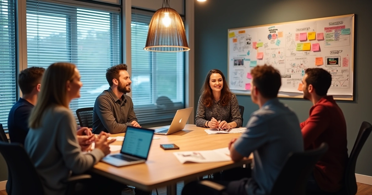 Reunião de clientes e equipe de marketing discutindo projetos 