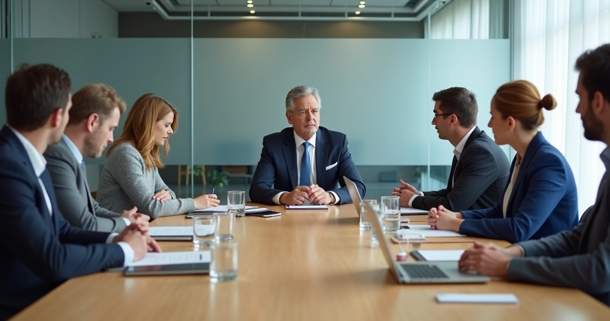 Equipe em reunião com expressões tensas e líder ao centro