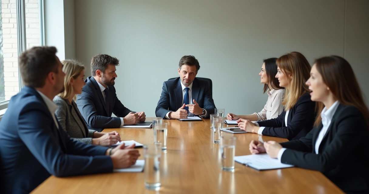 Grupo em reunião com expressões e gestos variados 
