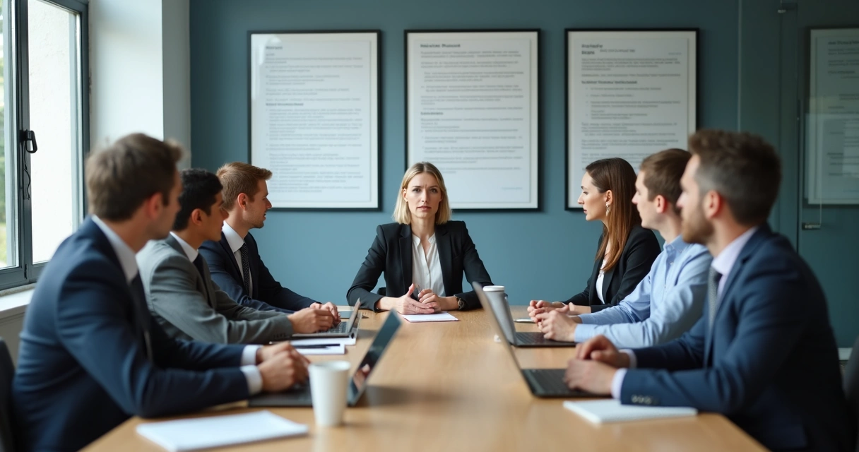 Equipe em reunião observando sinais de tensão e confiança 