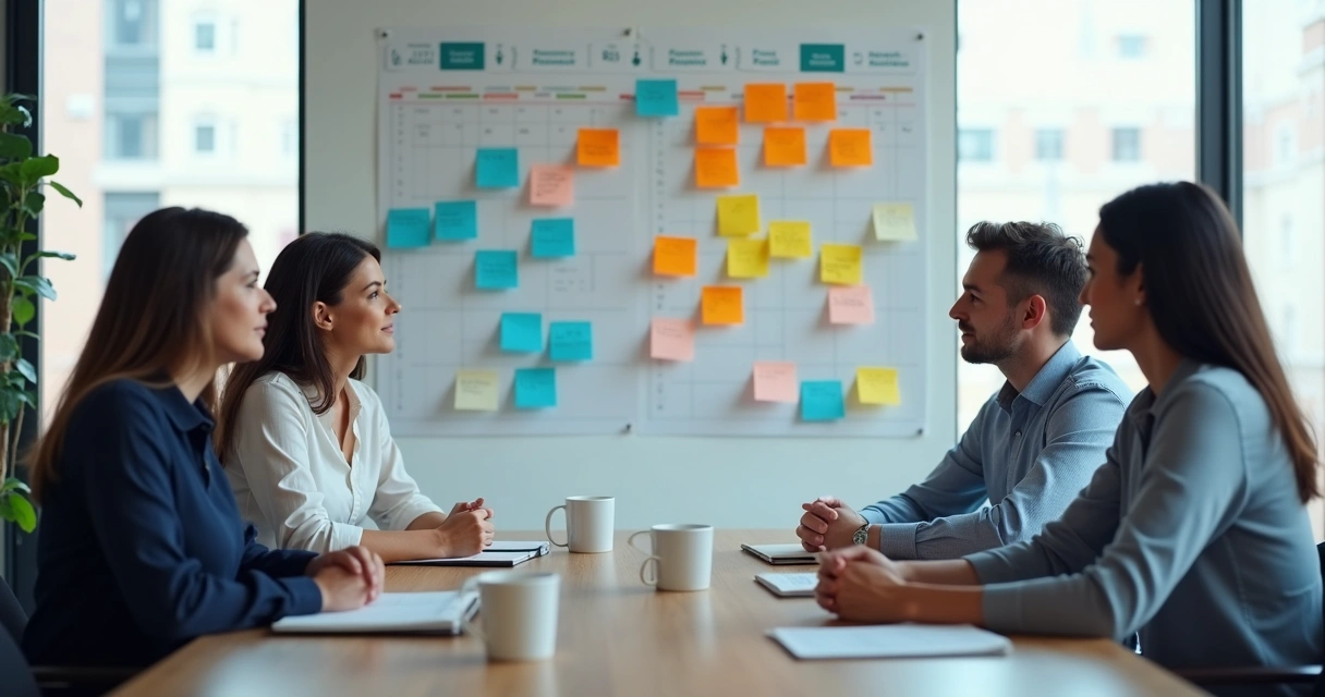 Equipe em reunião observando painel de percepções e clima humano