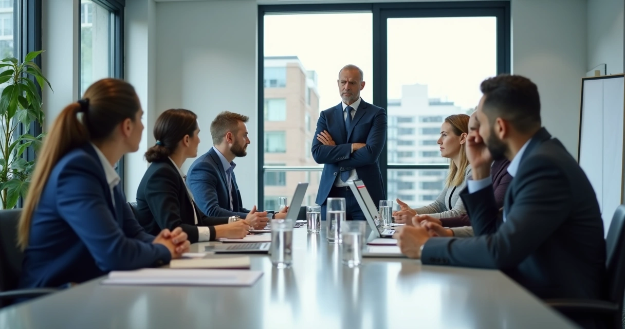 Equipe em reunião com clima tenso e líder ao fundo 