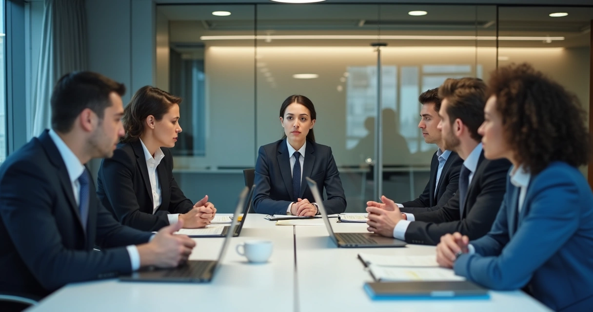 Equipe em reunião com clima tenso e comunicação travada 