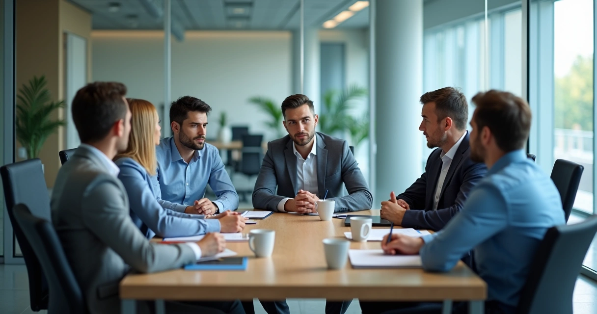 Equipe em reunião com clima tenso e posturas fechadas 
