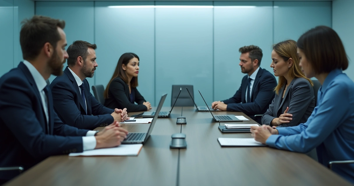 Equipe em reunião com clima tenso e linguagem corporal fechada