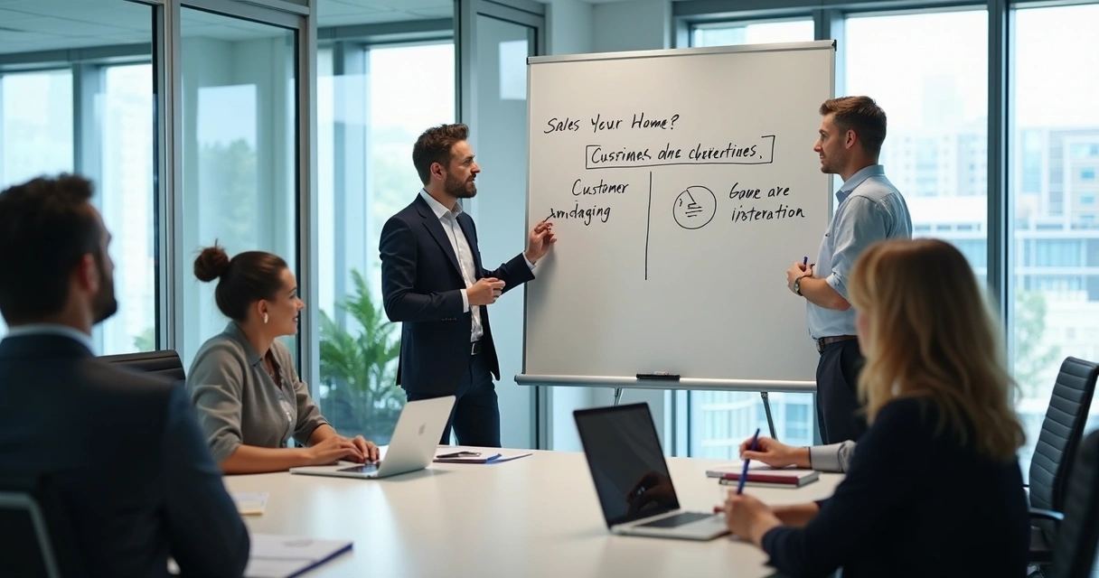 Equipe de vendas conversando em sala de reunião sobre objeções e estratégias de negociação. 
