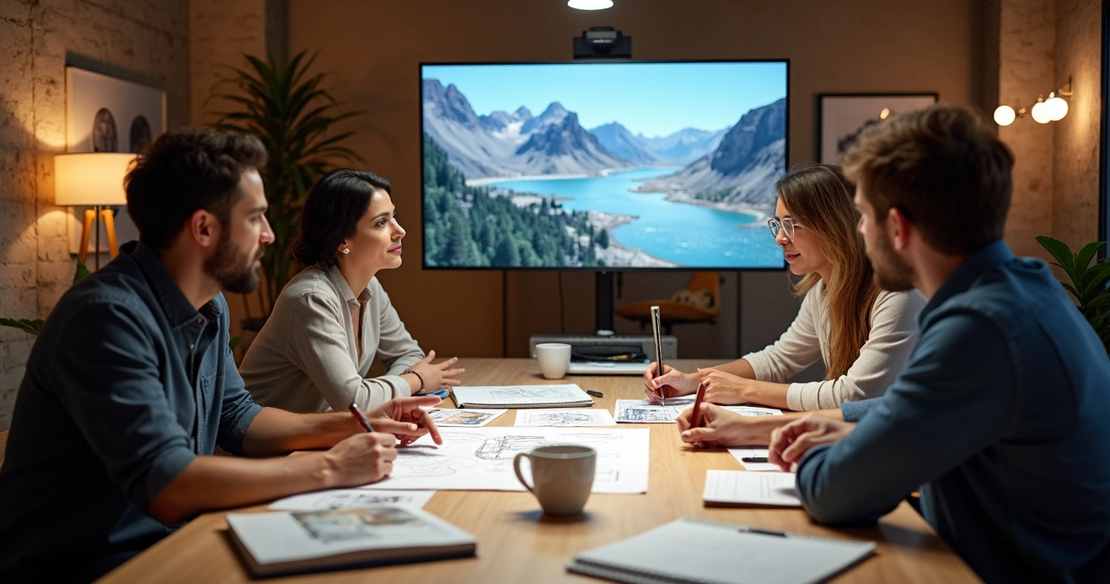Equipe e cliente em reunião trocando ideias sobre design 