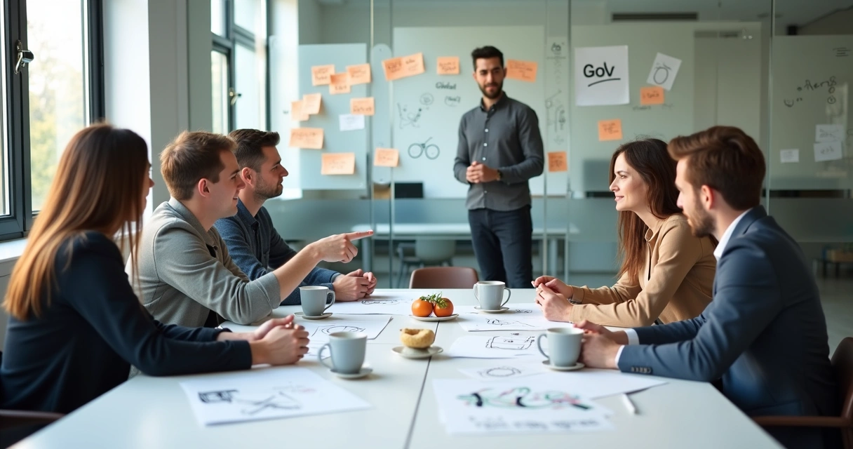Equipe e cliente em reunião de co-criação 