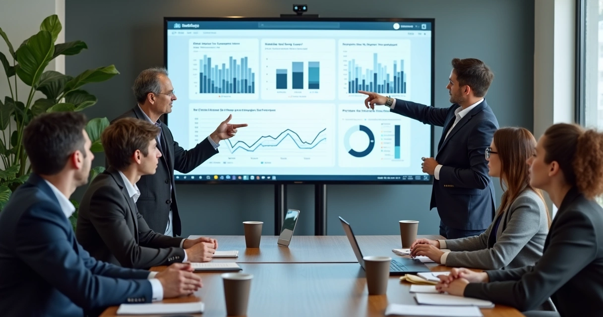 Equipe de gestores reunida em sala moderna discutindo estratégias de OKRs com gráficos em tela digital 