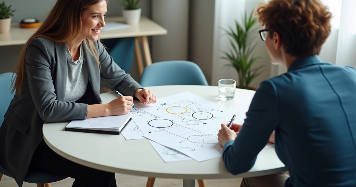 Sessão de coaching com mapa sistêmico em mesa