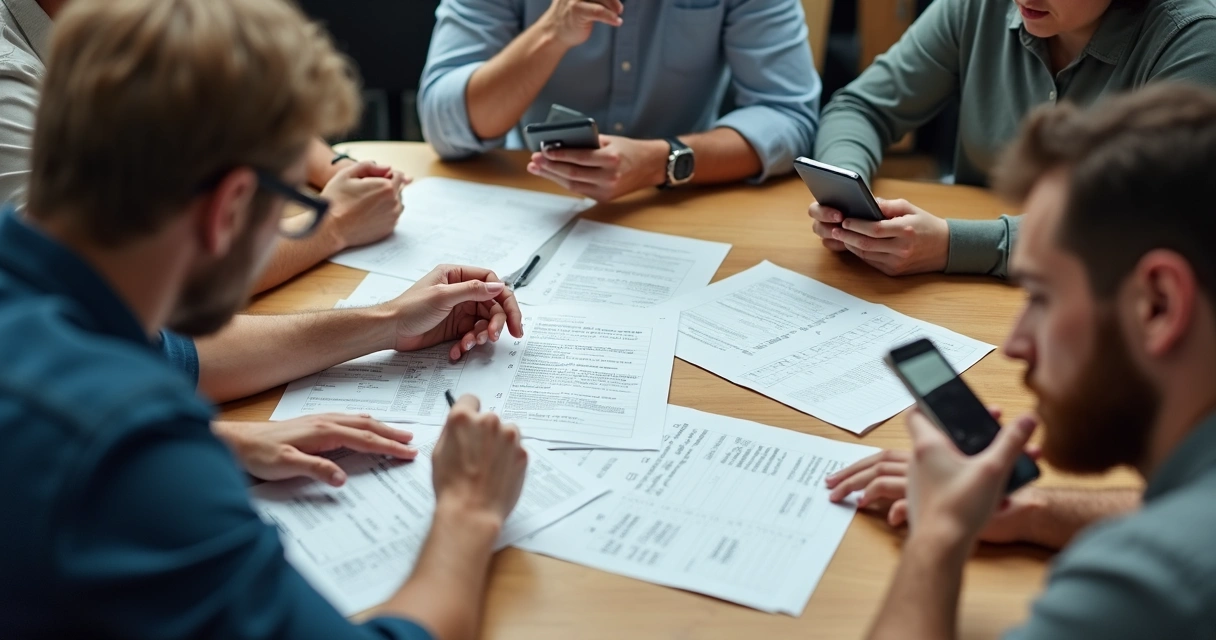 Reunião de equipe pequena discutindo cobranças internas, notas e aparelhos próximos 