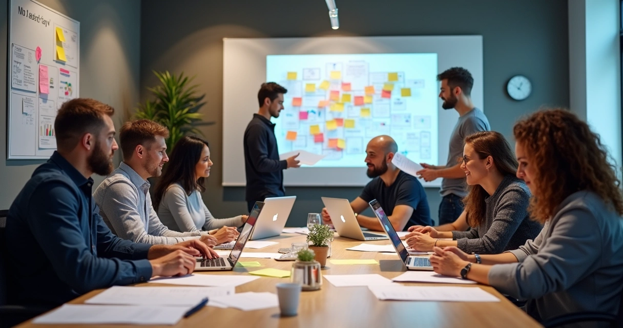 Equipe em reunião cocriando manual comercial de agência 