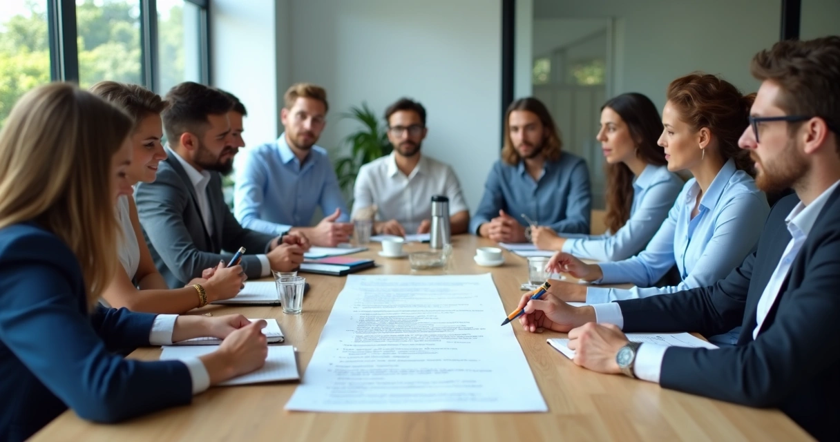 Equipe discutindo código de conduta em reunião 