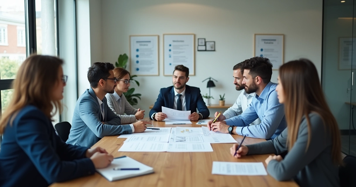 Equipe reunida discutindo princípios éticos na empresa 