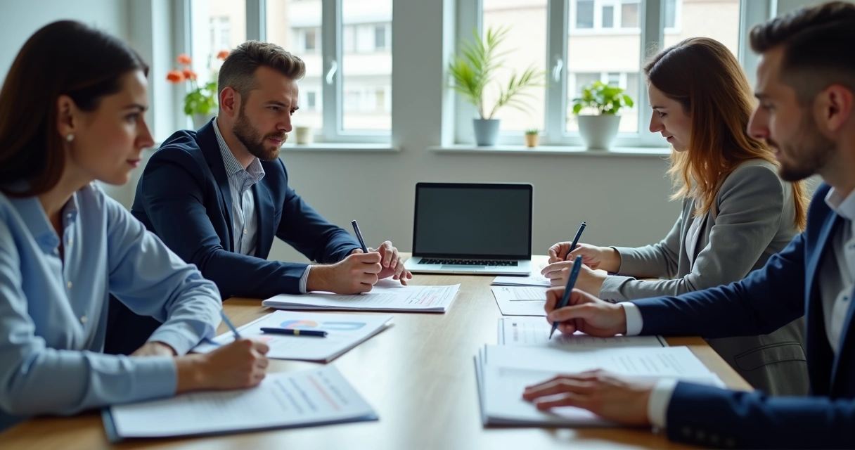 Equipe reunida analisando regras de conduta em uma mesa 
