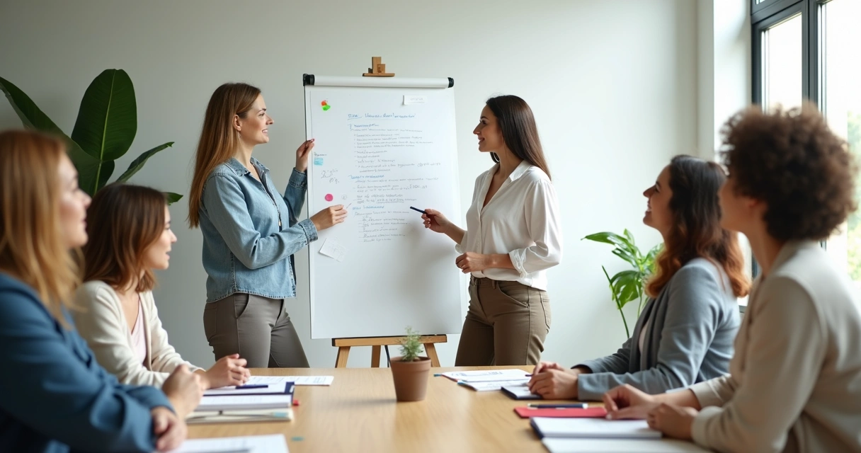 Equipe reunida registrando acordo em quadro 